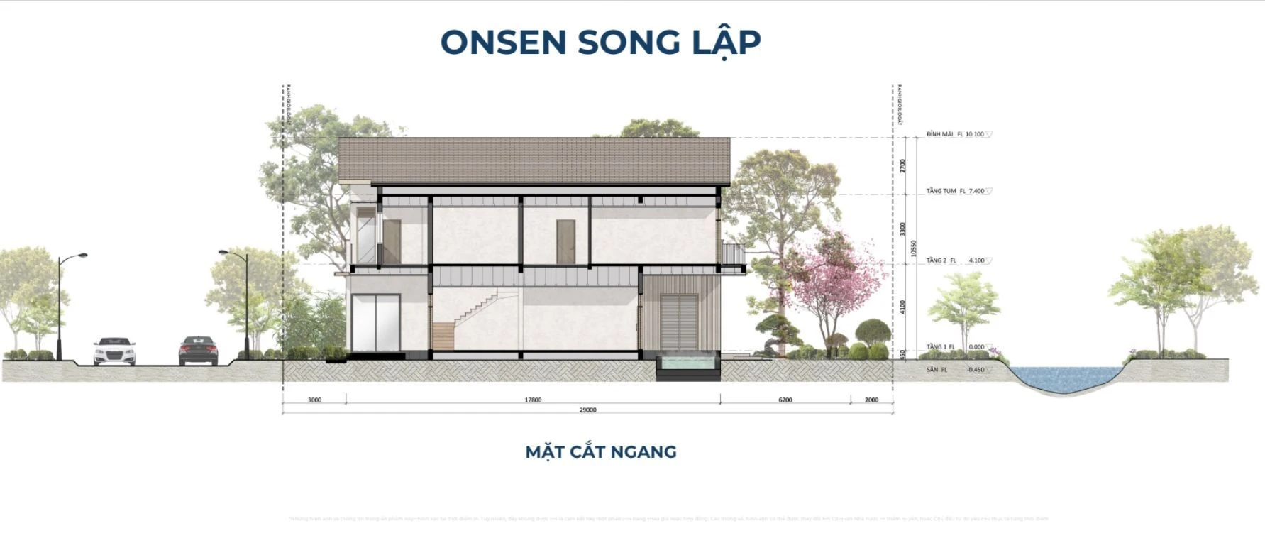 Sơ đồ bản vẽ mặt cắt ngang thể hiện kết cấu 2 tầng của biệt thự song lập Onsen