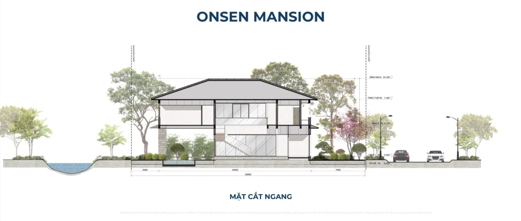 Sơ đồ bản vẽ mặt cắt ngang thể hiện sự bề thế của dinh thự Onsen Mansion