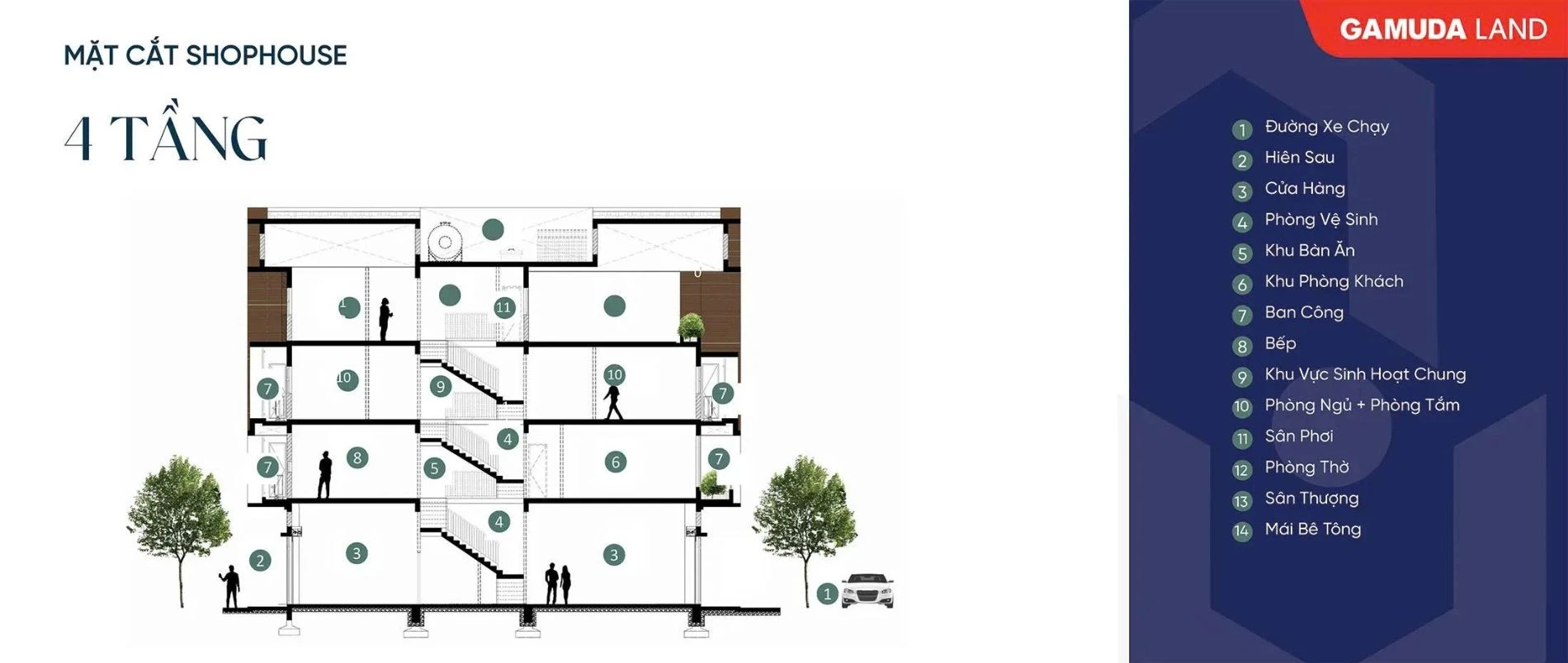 Sơ đồ mặt cắt thể hiện phân bổ công năng các tầng của shophouse 4 tầng Artisan Park