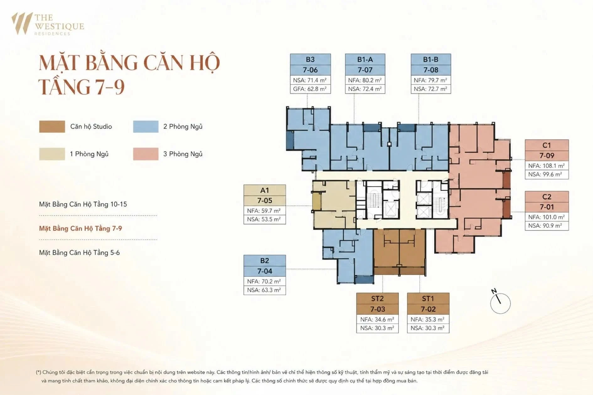 Thiết kế mặt bằng tầng 7, 8, 9 tại The Westique Residences với mật độ giảm còn 9 căn hộ trên mỗi tầng