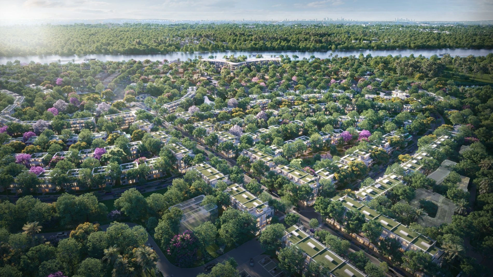 Góc nhìn trên cao cho thấy mật độ cây xanh dày đặc bao phủ toàn bộ phân khu Blue Forest