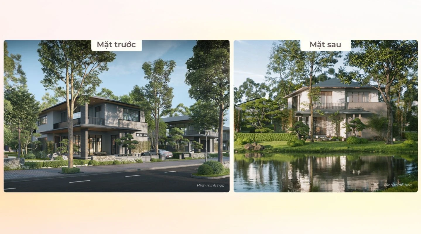 So sánh thiết kế kiến trúc mặt trước và mặt sau của biệt thự đơn lập Onsen