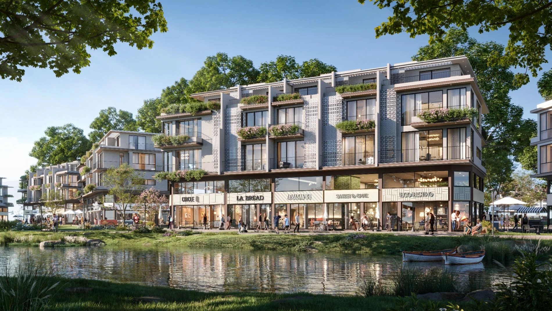 Thiết kế mặt tiền kinh doanh nhà phố trung tâm phân khu All Blue Eco Village Saigon River