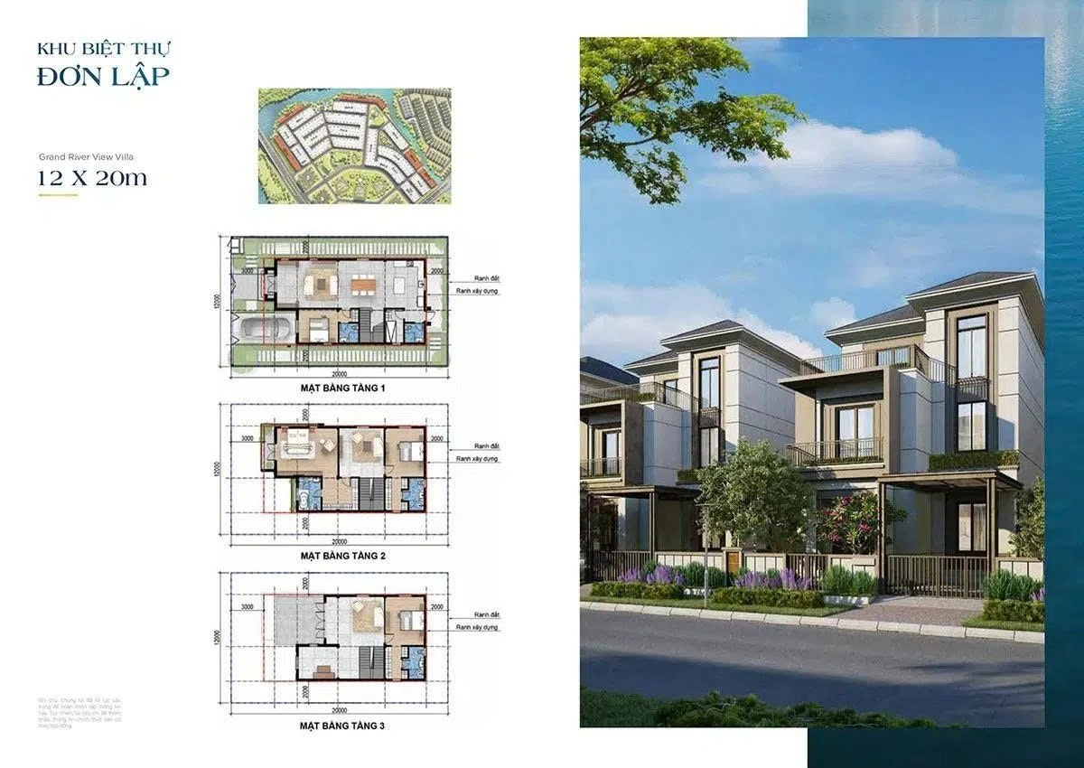Sơ đồ mặt bằng biệt thự đơn lập diện tích 12x20m dự án Aqua City