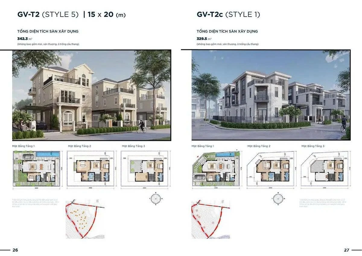 Thiết kế mặt bằng biệt thự GV-T2 Style 5 và biến thể GV-T2c Style 1 tại The Grand Villas Aqua City.
