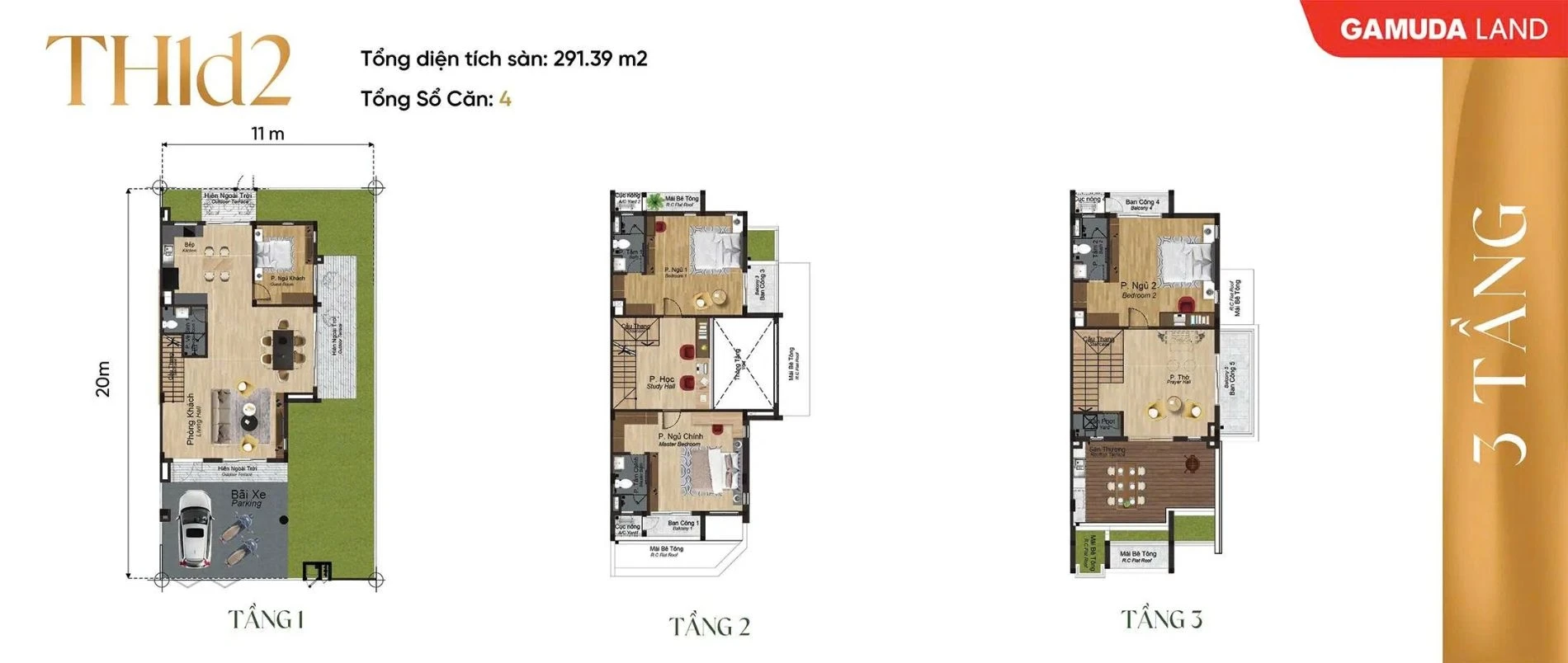 Layout thiết kế mặt bằng các tầng của mẫu shophouse góc TH1d2 diện tích 291.39 m2
