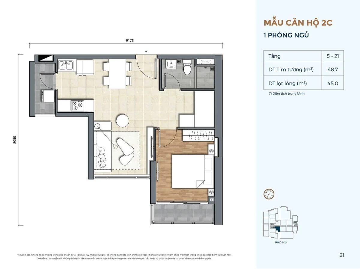 Layout bóc mái căn hộ 1 phòng ngủ loại 2C diện tích 48.7 m2 dự án Precia Quận 2