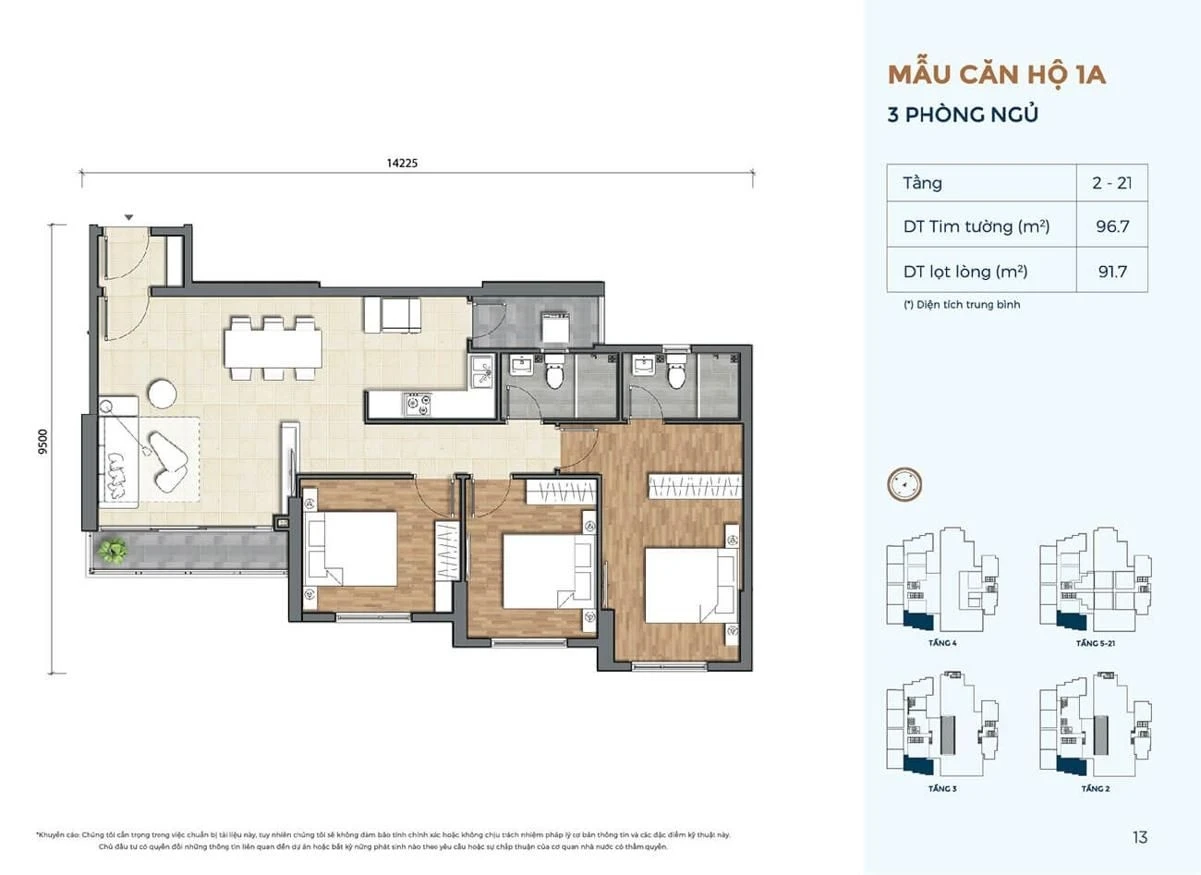 Bản vẽ bóc mái căn hộ 3 phòng ngủ loại 1A diện tích 96.7 m2 tại Precia Quận 2