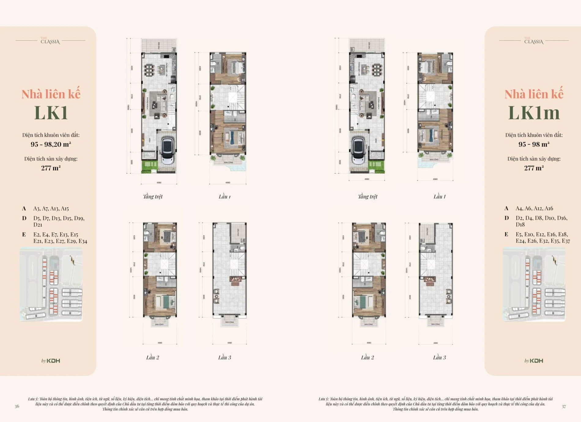 Bản vẽ bóc tách mặt bằng tầng trệt và các lầu của mẫu nhà liên kế LK1 tại The Classia