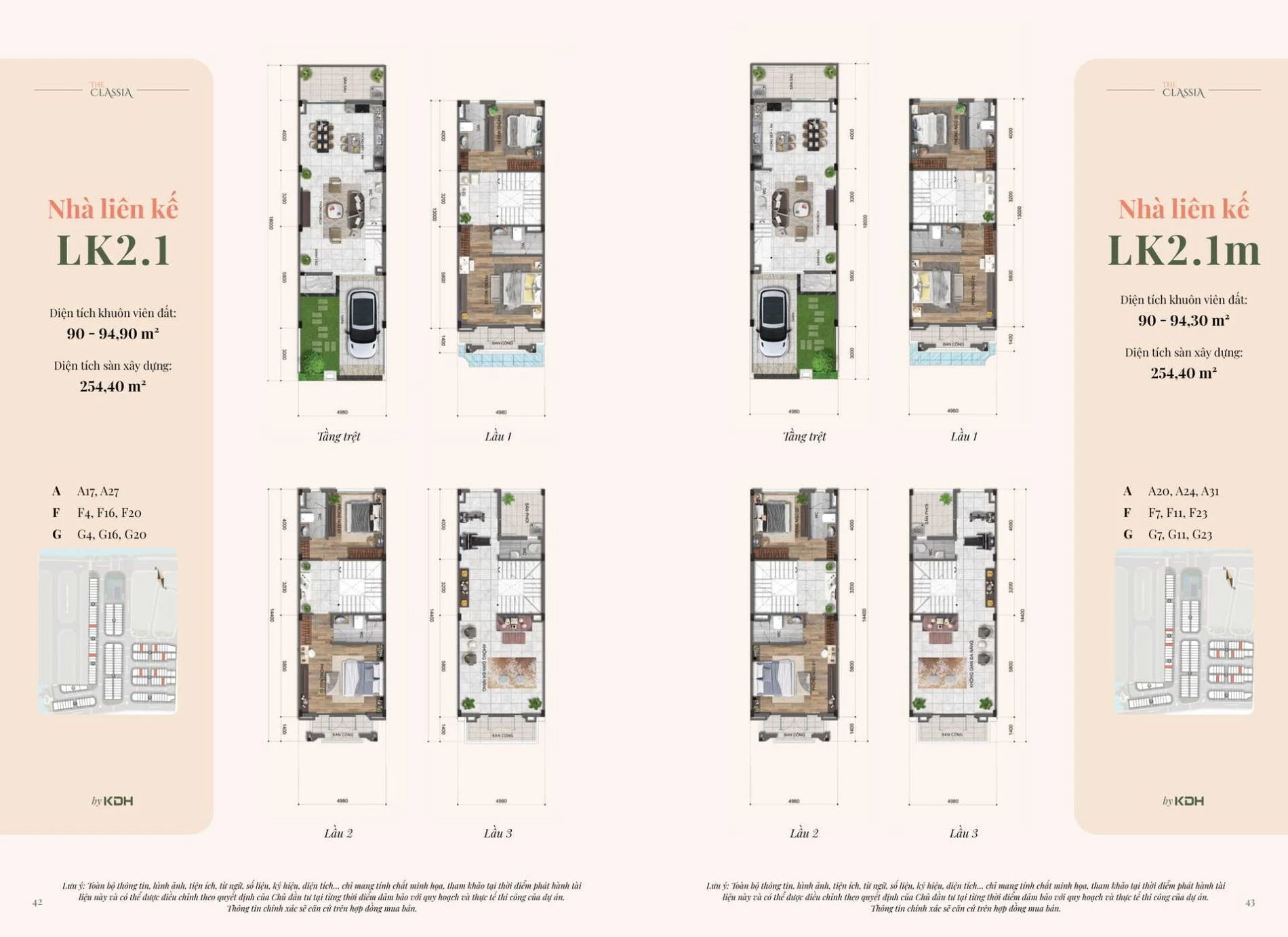 Bản vẽ bóc tách mặt bằng tầng trệt và các lầu của mẫu nhà liên kế LK2.1 tại The Classia