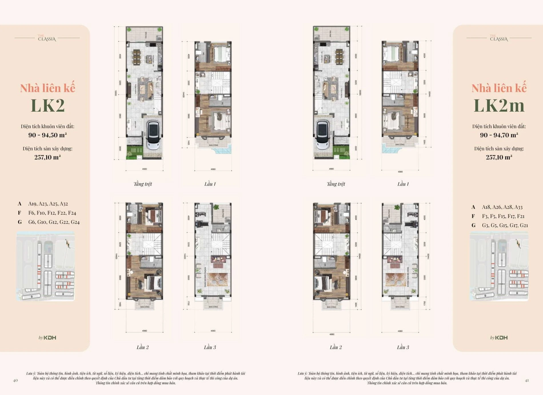 Bản vẽ bóc tách mặt bằng tầng trệt và các lầu của mẫu nhà liên kế LK2 tại The Classia