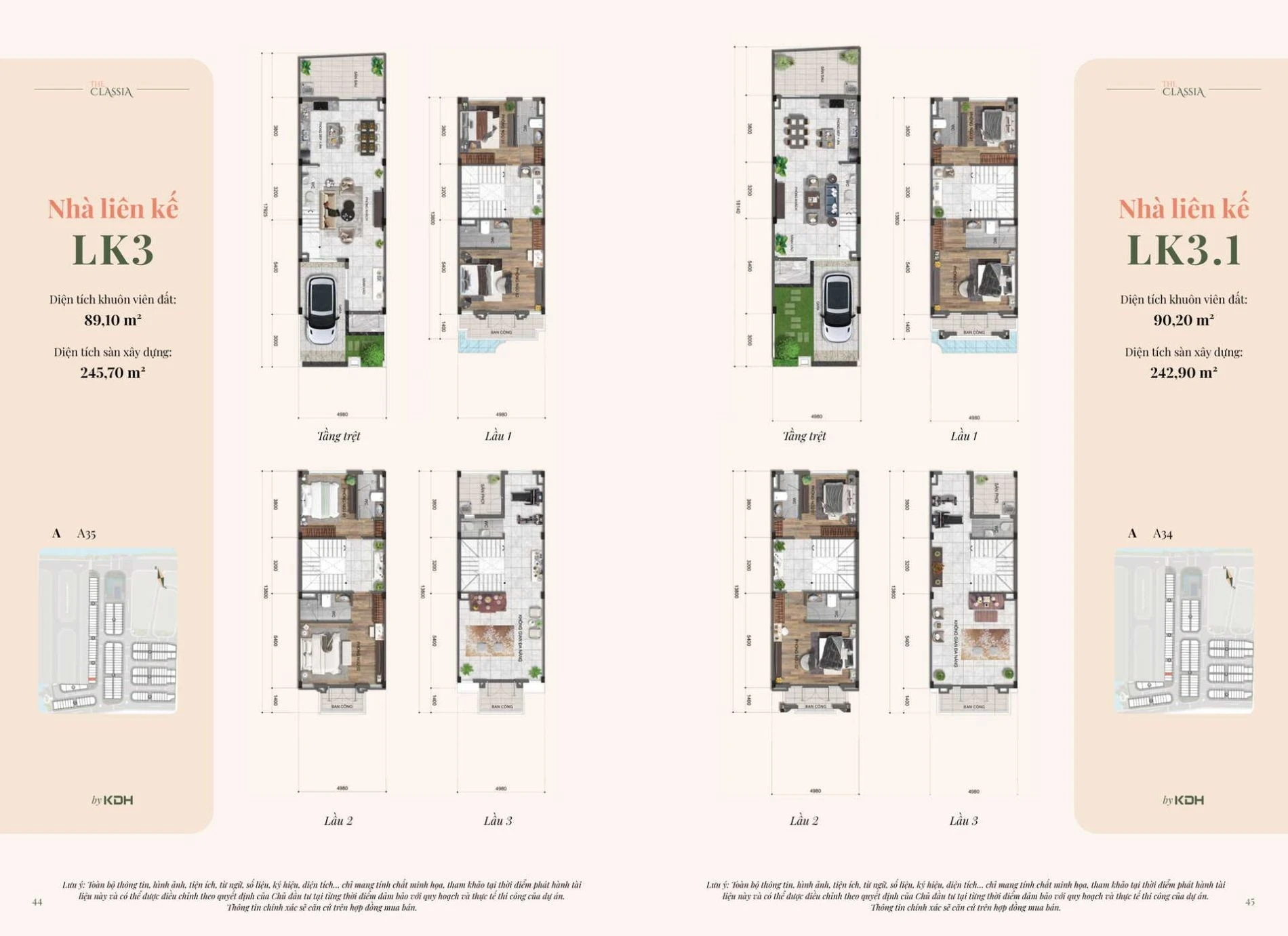 Bản vẽ bóc tách mặt bằng tầng trệt và các lầu của mẫu nhà liên kế LK3 tại The Classia