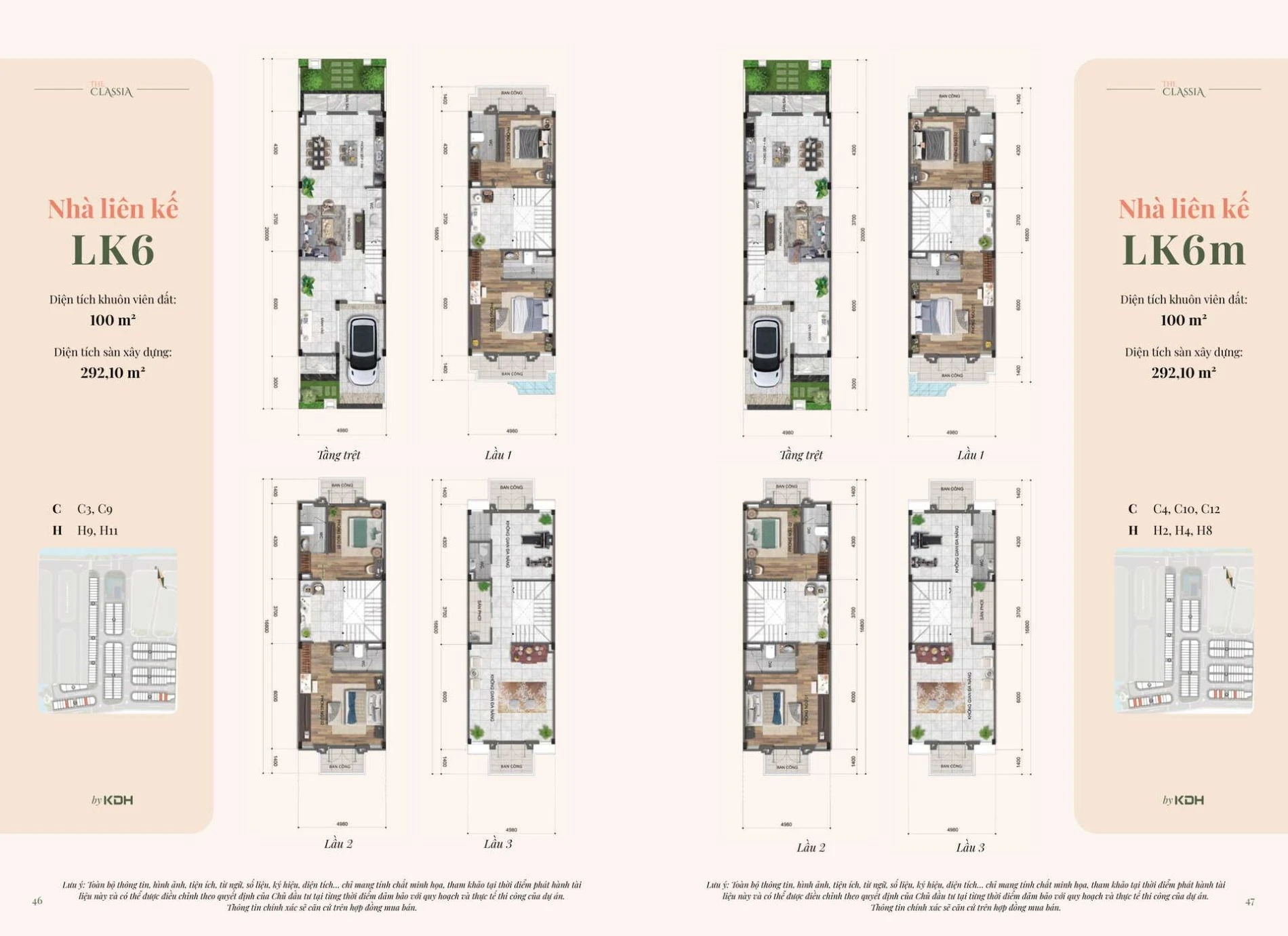 Bản vẽ bóc tách mặt bằng tầng trệt và các lầu của mẫu nhà liên kế LK6 tại The Classia