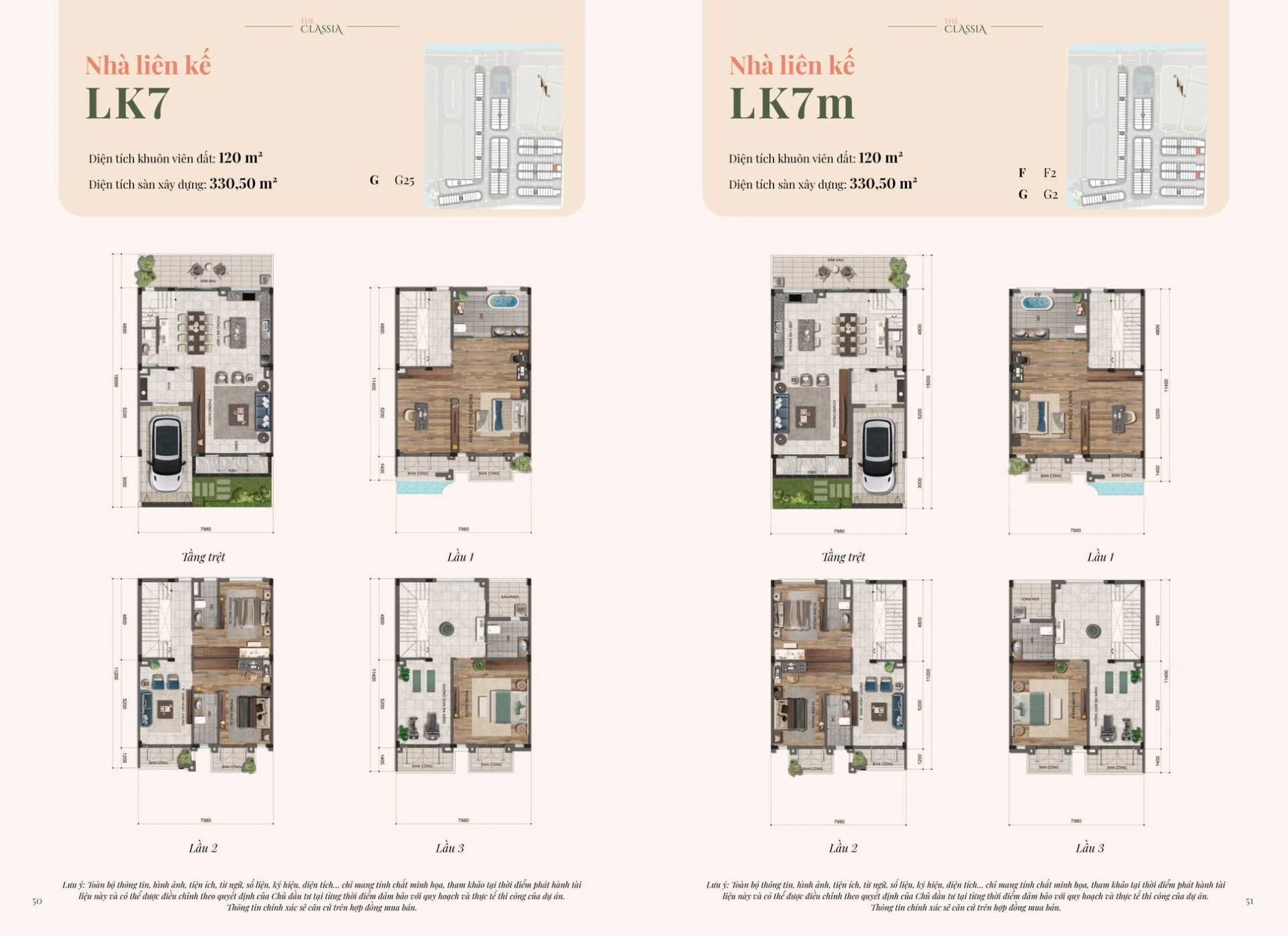 Bản vẽ bóc tách mặt bằng tầng trệt và các lầu của mẫu nhà liên kế LK7 tại The Classia