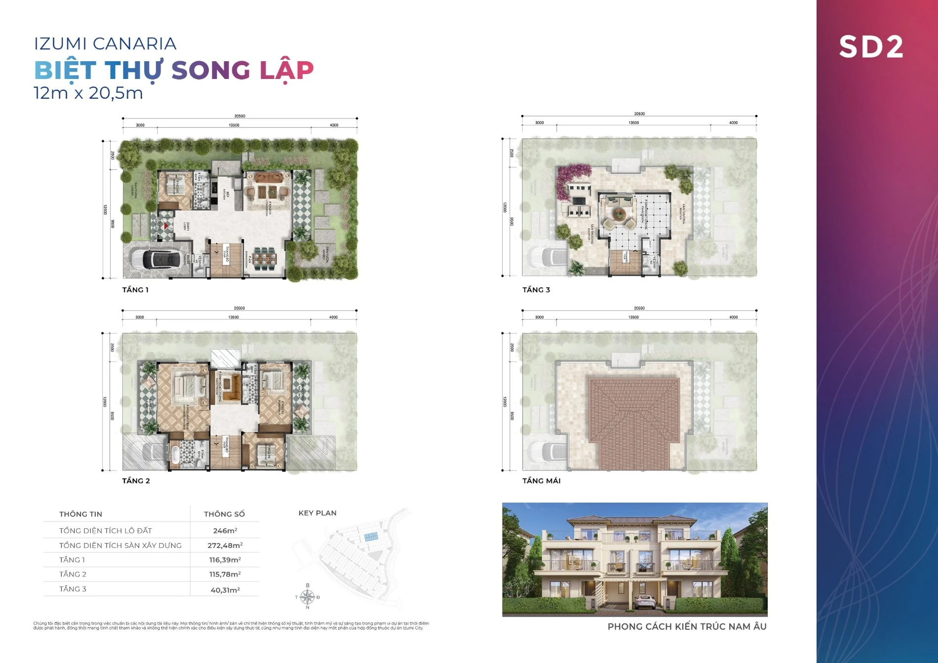 Sơ đồ bố trí các tầng của biệt thự song lập mẫu SD2 dự án Izumi Canaria