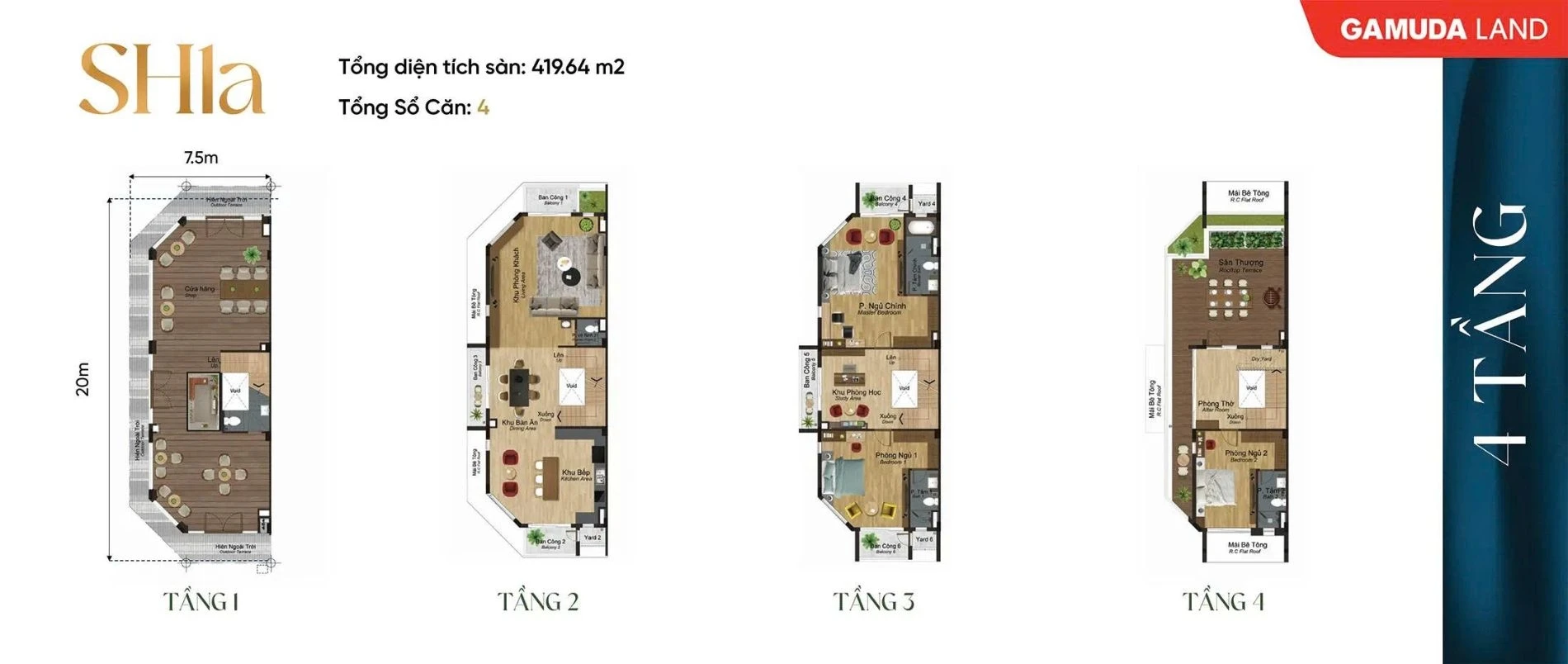 Layout thiết kế mặt bằng các tầng của mẫu shophouse SH1a diện tích 419.64 m2