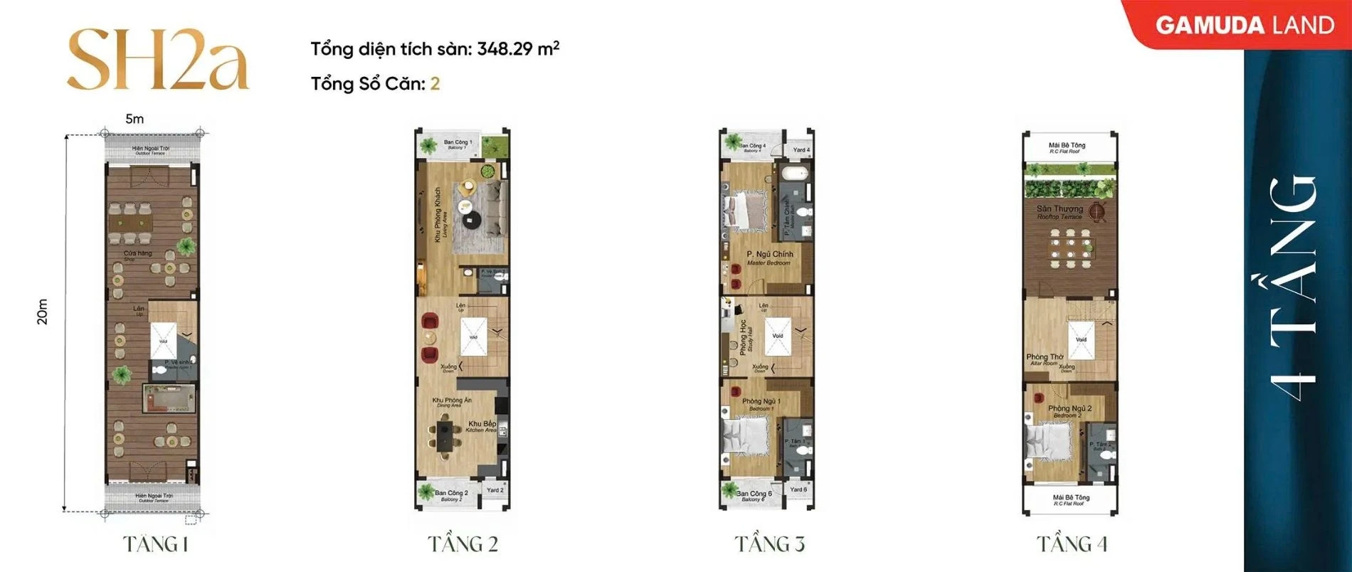 Layout thiết kế mặt bằng các tầng của mẫu shophouse SH2a diện tích 348.29 m2