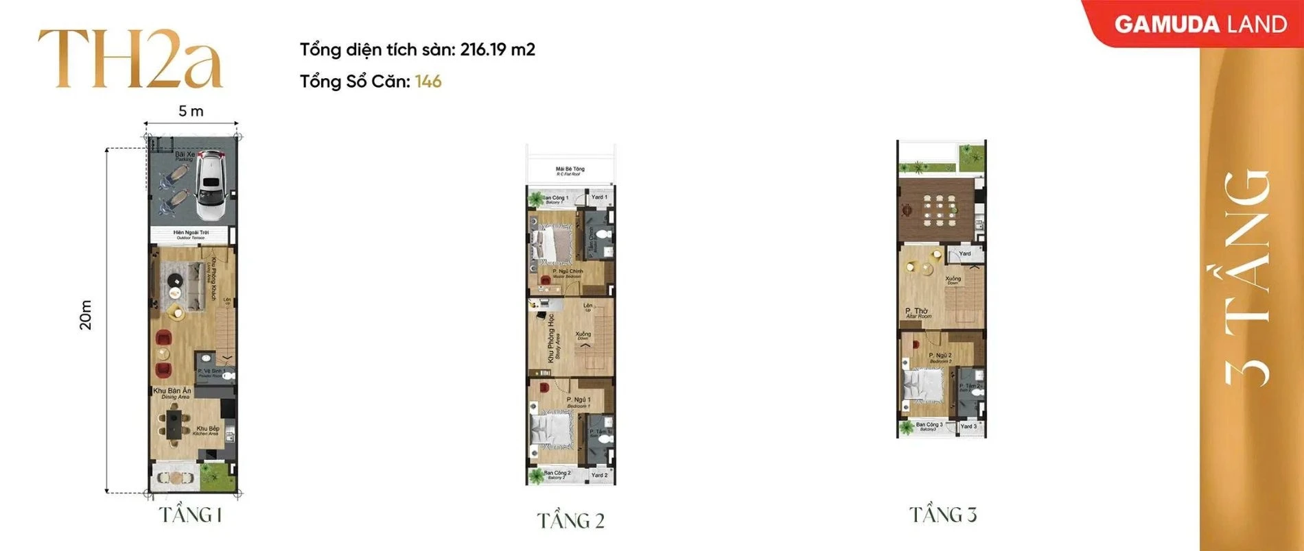 Layout thiết kế mặt bằng các tầng của mẫu shophouse TH2a diện tích 216.19 m2