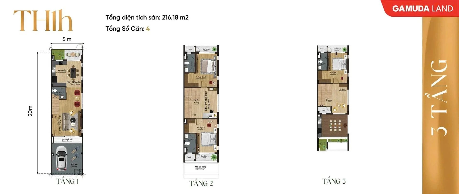 Layout thiết kế mặt bằng các tầng của mẫu shophouse TH1h diện tích 216.18 m2