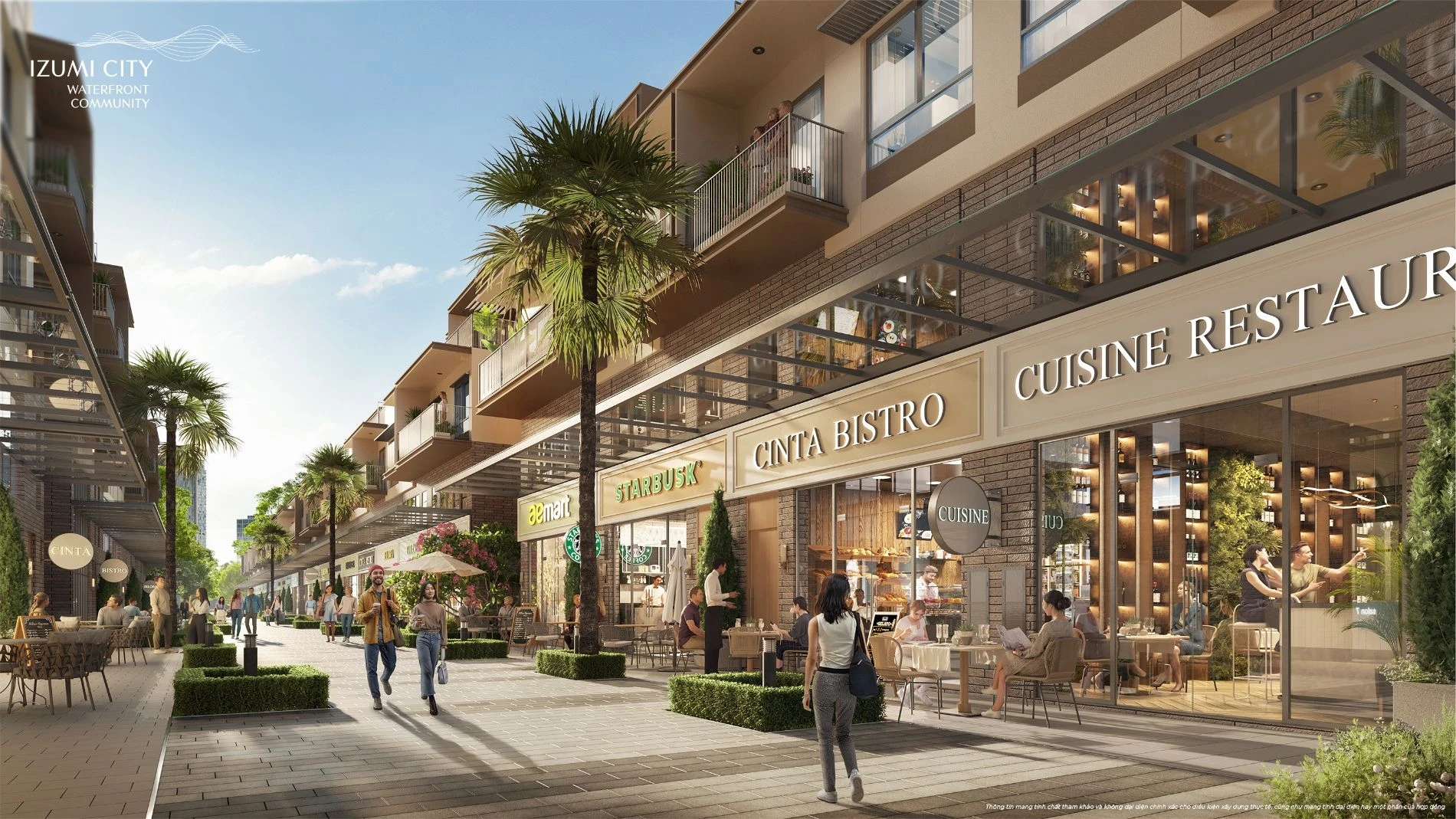 Cận cảnh hành lang đi bộ trước các cửa hàng kinh doanh tại shophouse Izumi Canaria