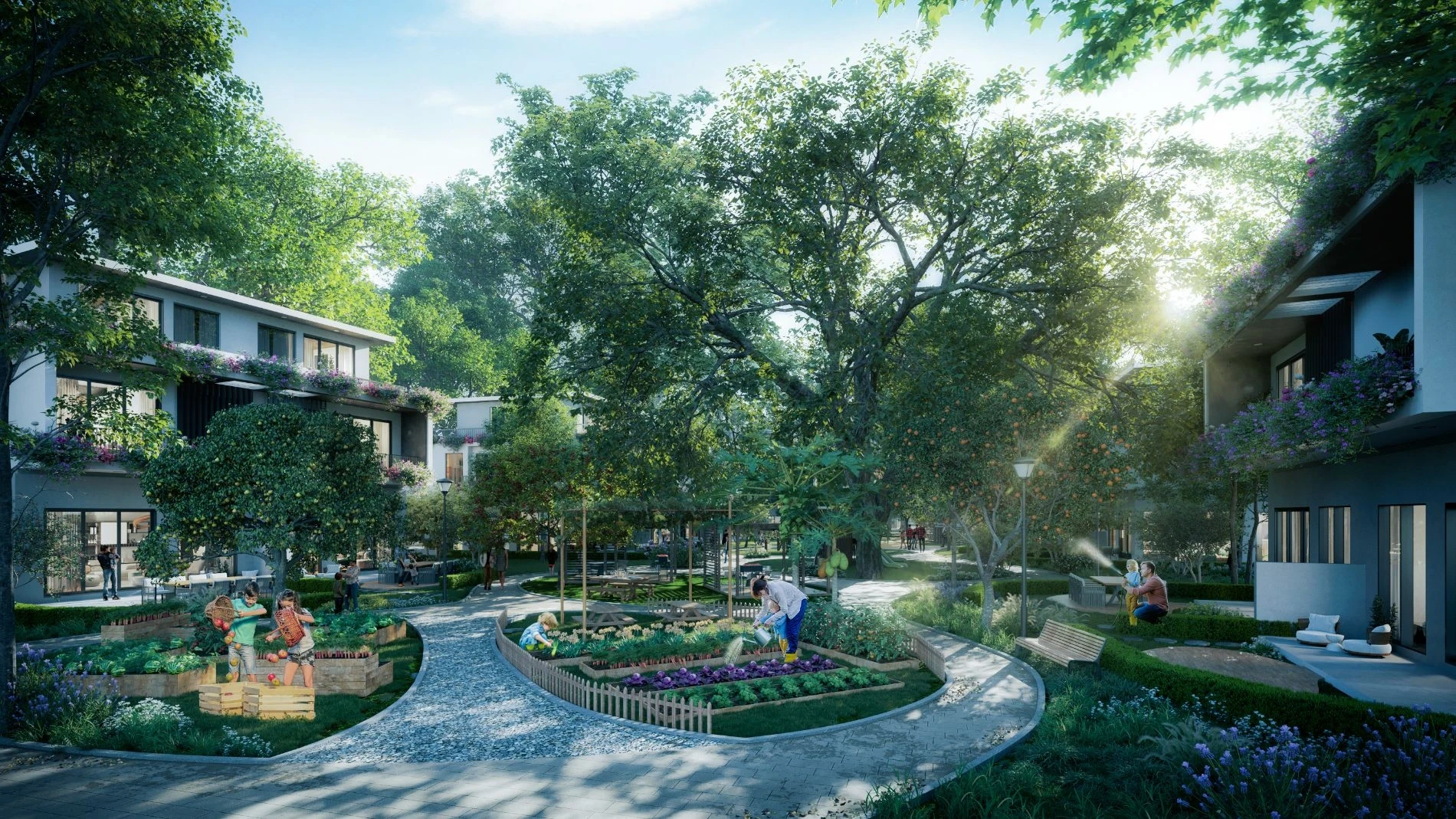 Gia đình cùng nhau chăm sóc vườn rau sạch tại khu vực sinh hoạt chung