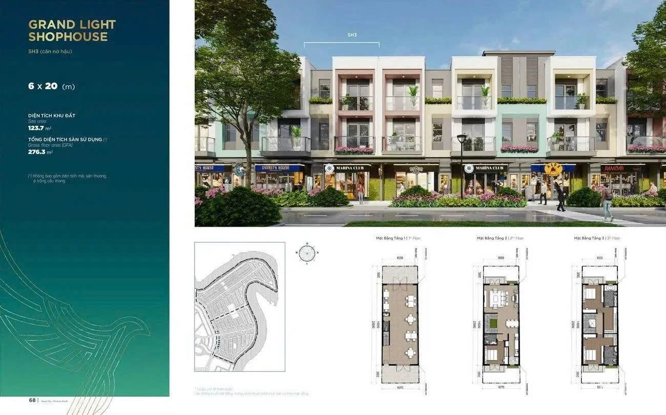 Layout mặt bằng shophouse 6x20m đa công năng tại Aqua City