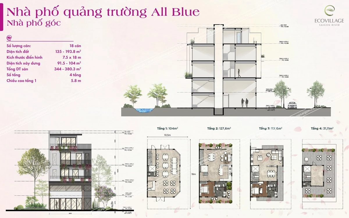 Bản vẽ mặt cắt và sơ đồ mặt bằng 4 tầng của nhà phố căn góc quảng trường All Blue