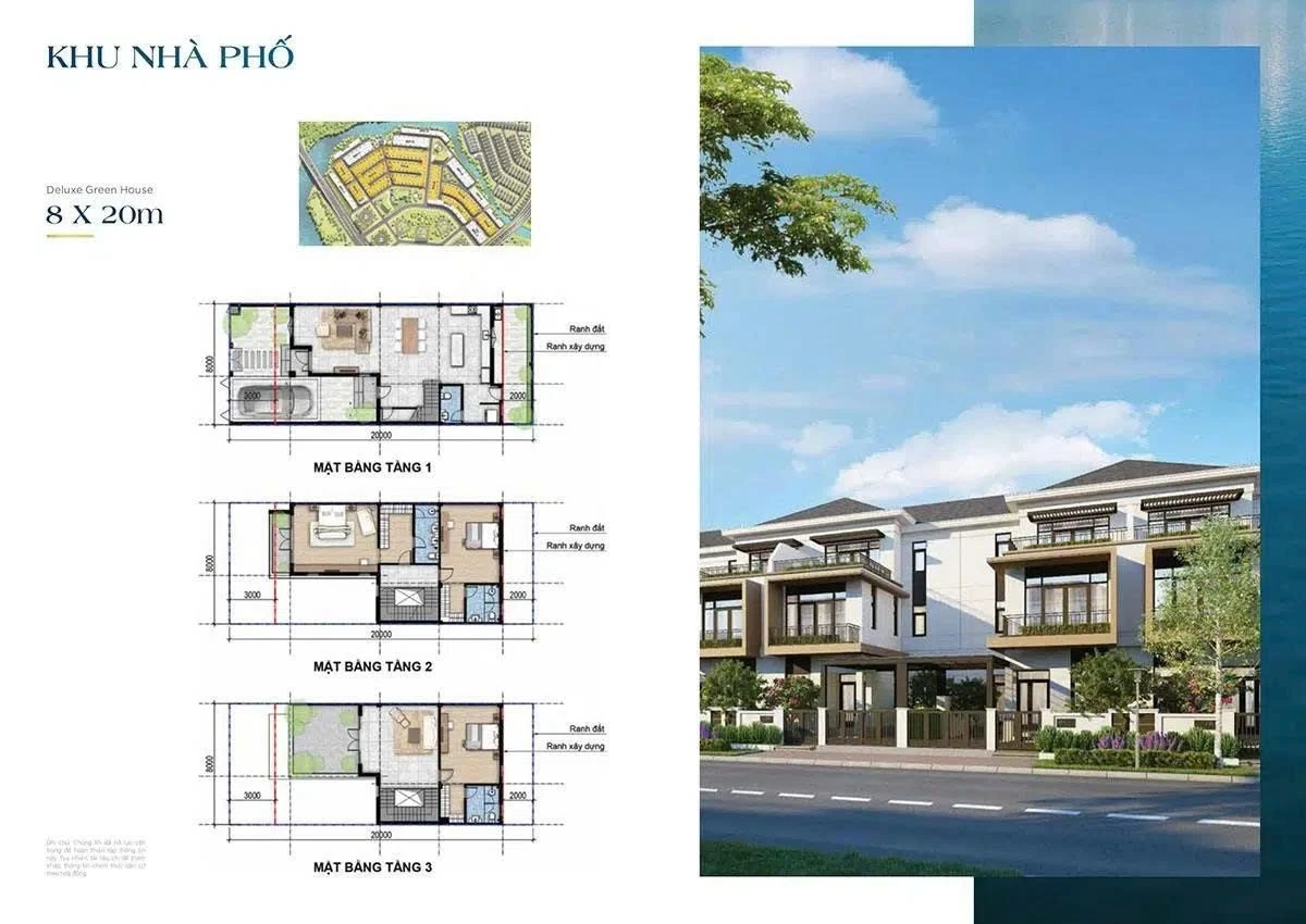 Mặt bằng nhà phố Deluxe Green House 8x20m Sun Harbor 2 Aqua City