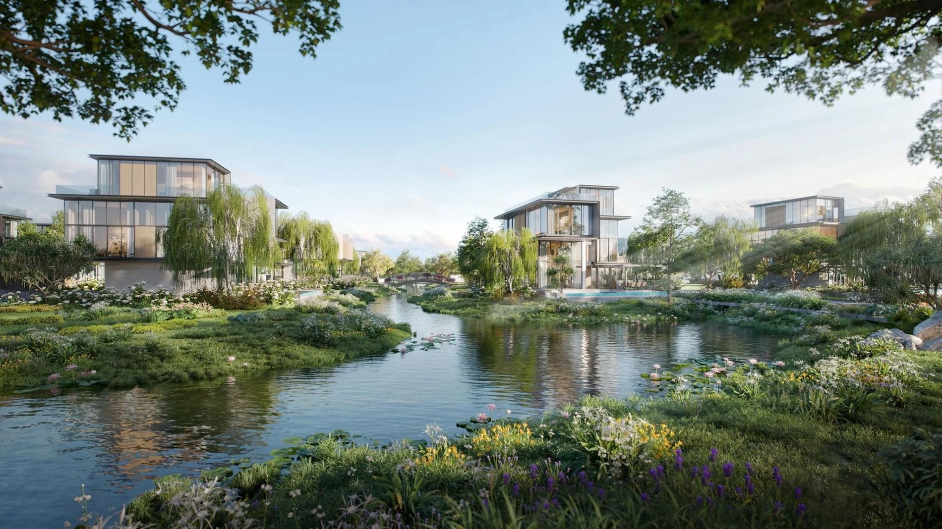 Dãy biệt thự kính ven sông ngập tràn mảng xanh tại Eco Village Saigon River