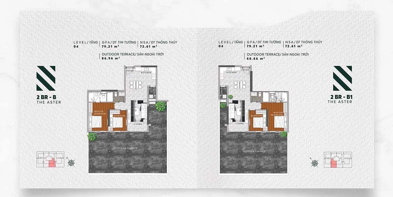 Bản vẽ layout căn hộ 2 phòng ngủ loại B và B1 tháp The Aster Urban Green