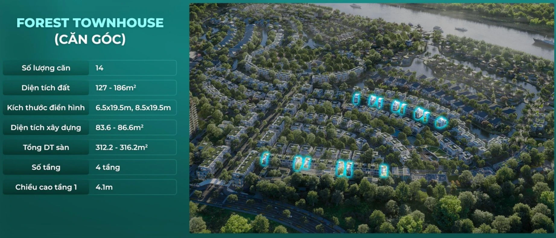 Vị trí 14 căn góc Forest Townhouse diện tích 127-186m2