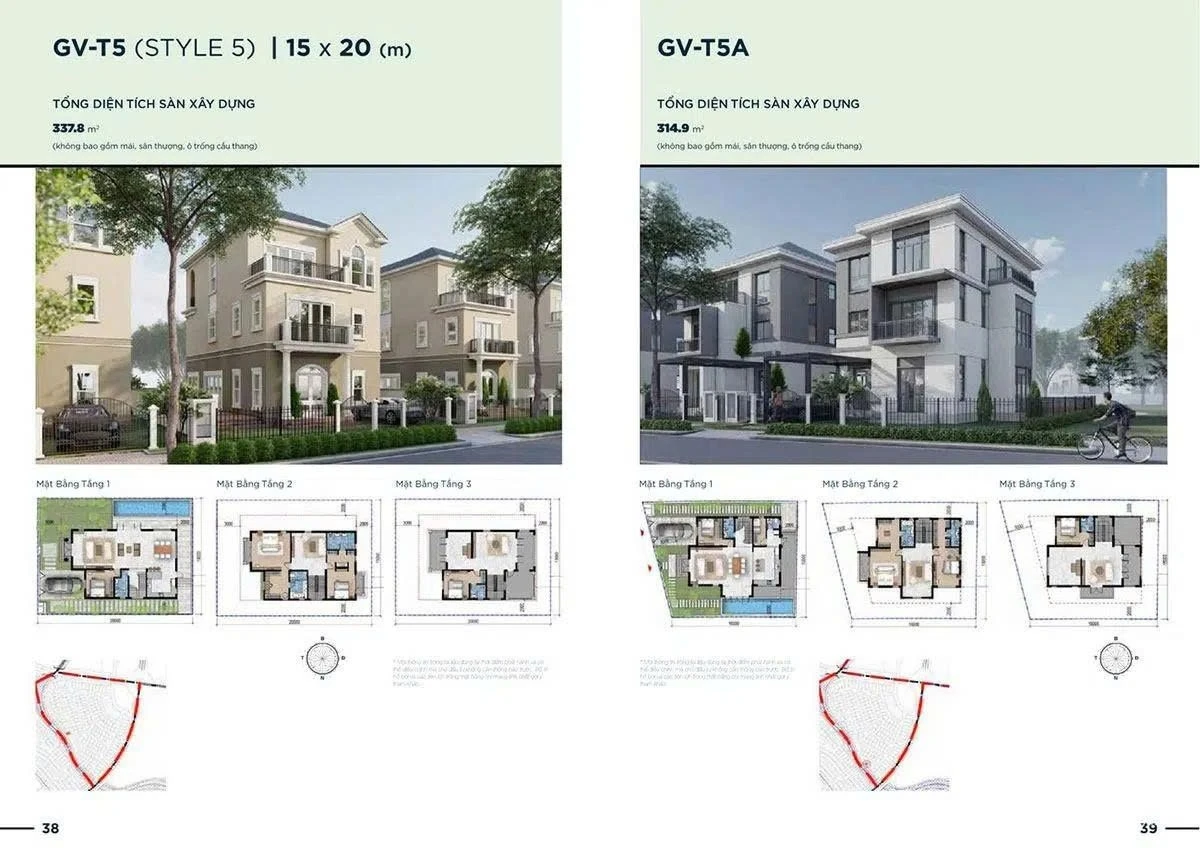 Layout chi tiết biệt thự GV-T5 Style 5 và GV-T5A diện tích 300m2 tại Aqua City.