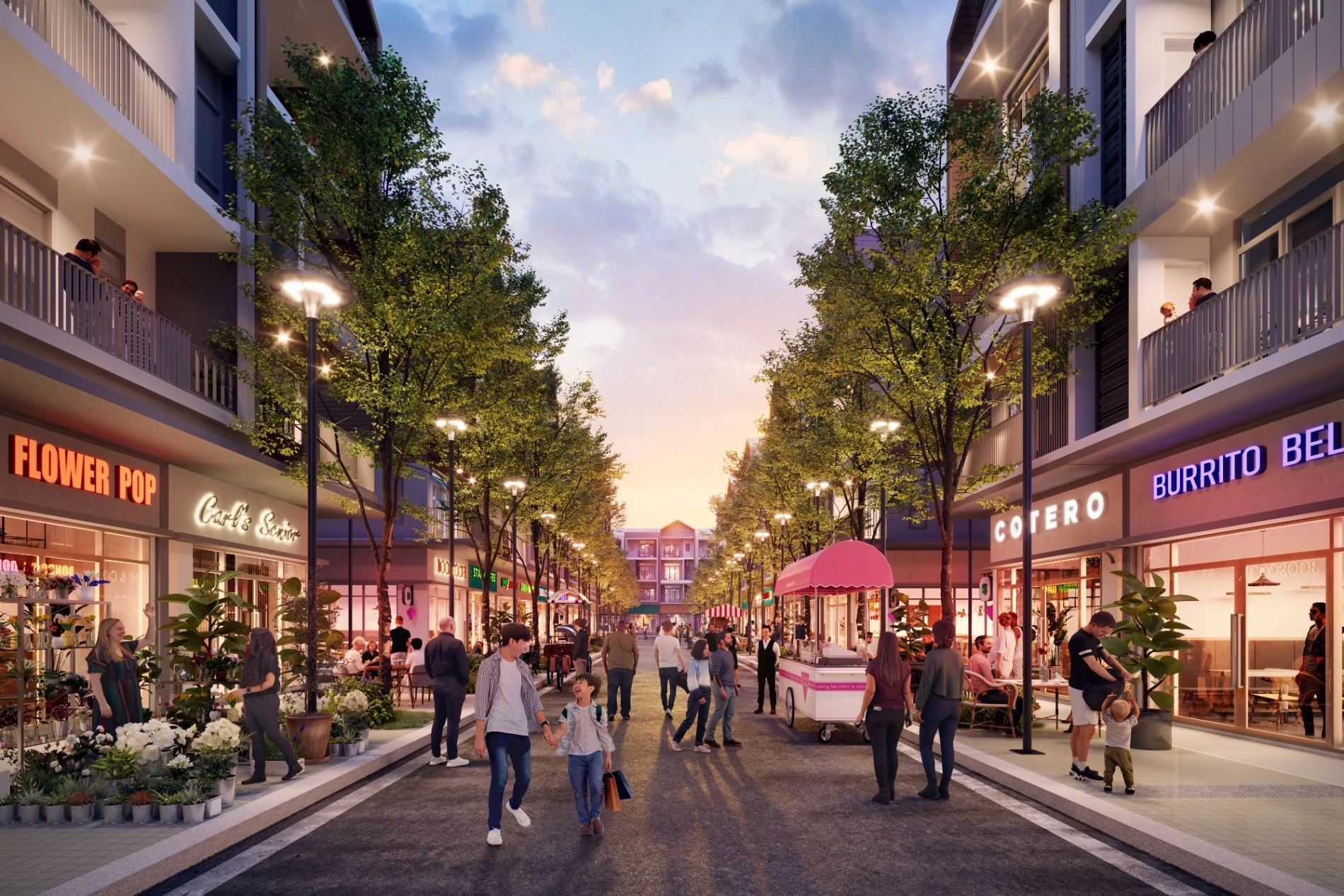Phố đi bộ Alfresco tại Artisan Park Bình Dương nhộn nhịp người qua lại dưới ánh hoàng hôn