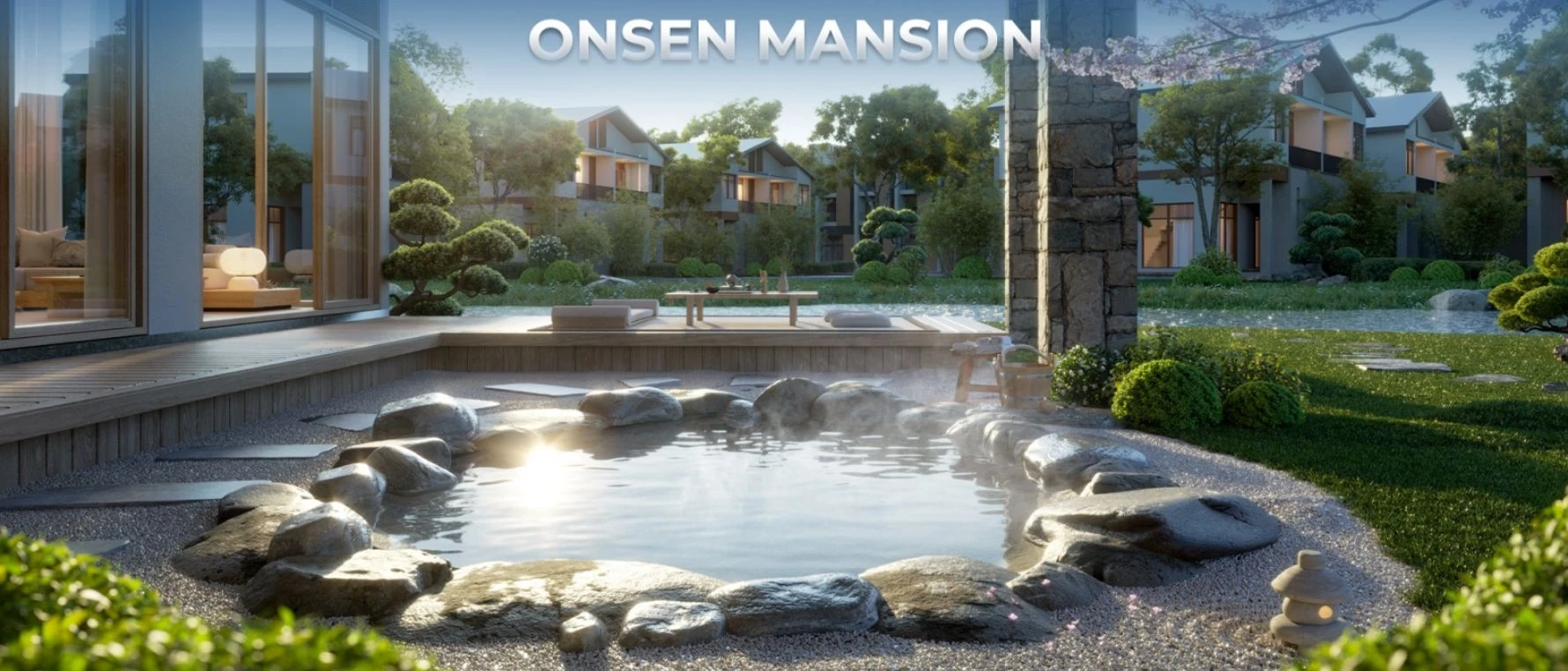 Hình ảnh phối cảnh hồ ngâm khoáng nóng ngoài trời đẳng cấp tại dinh thự Onsen Mansion