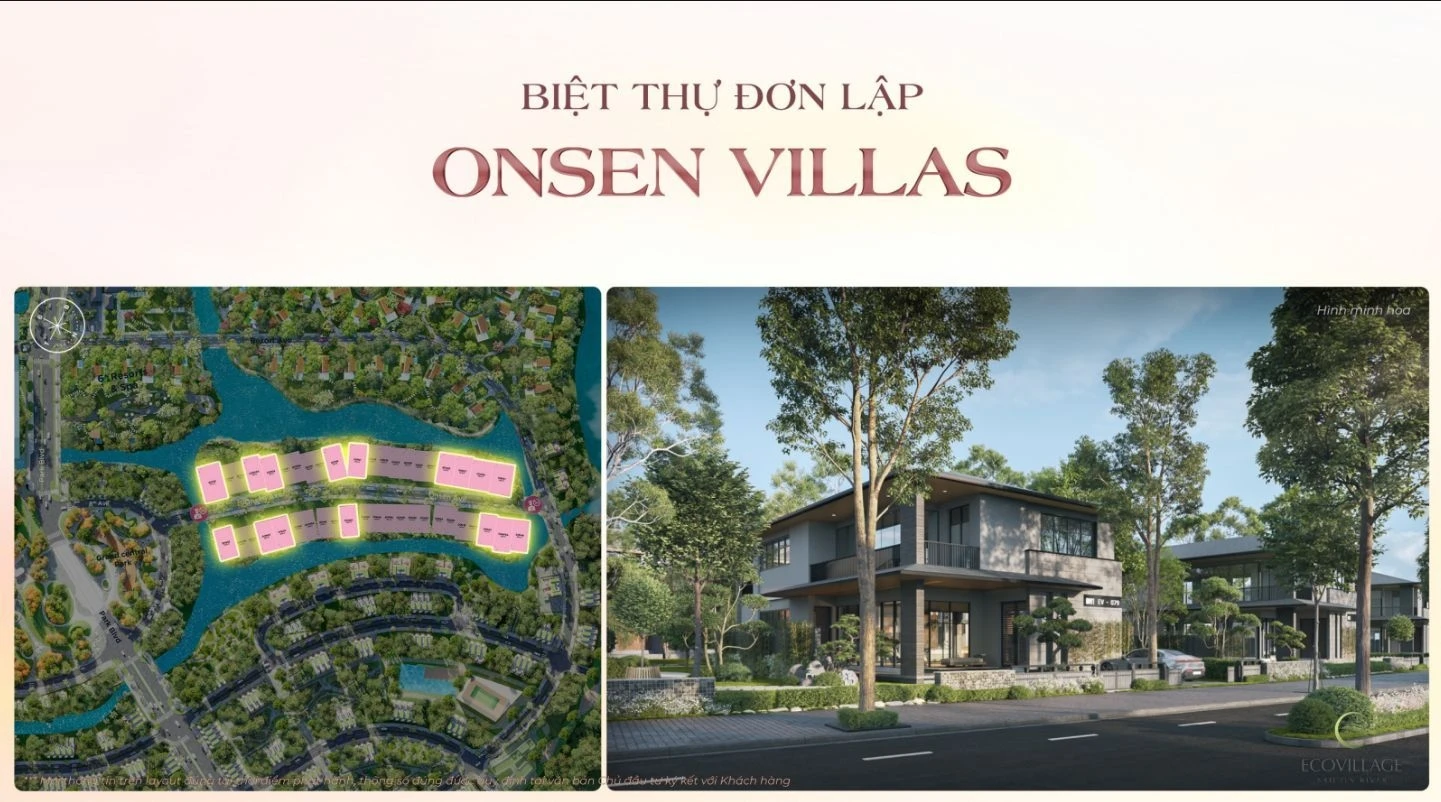 Hình ảnh phối cảnh mặt tiền bề thế của biệt thự đơn lập Onsen Villas
