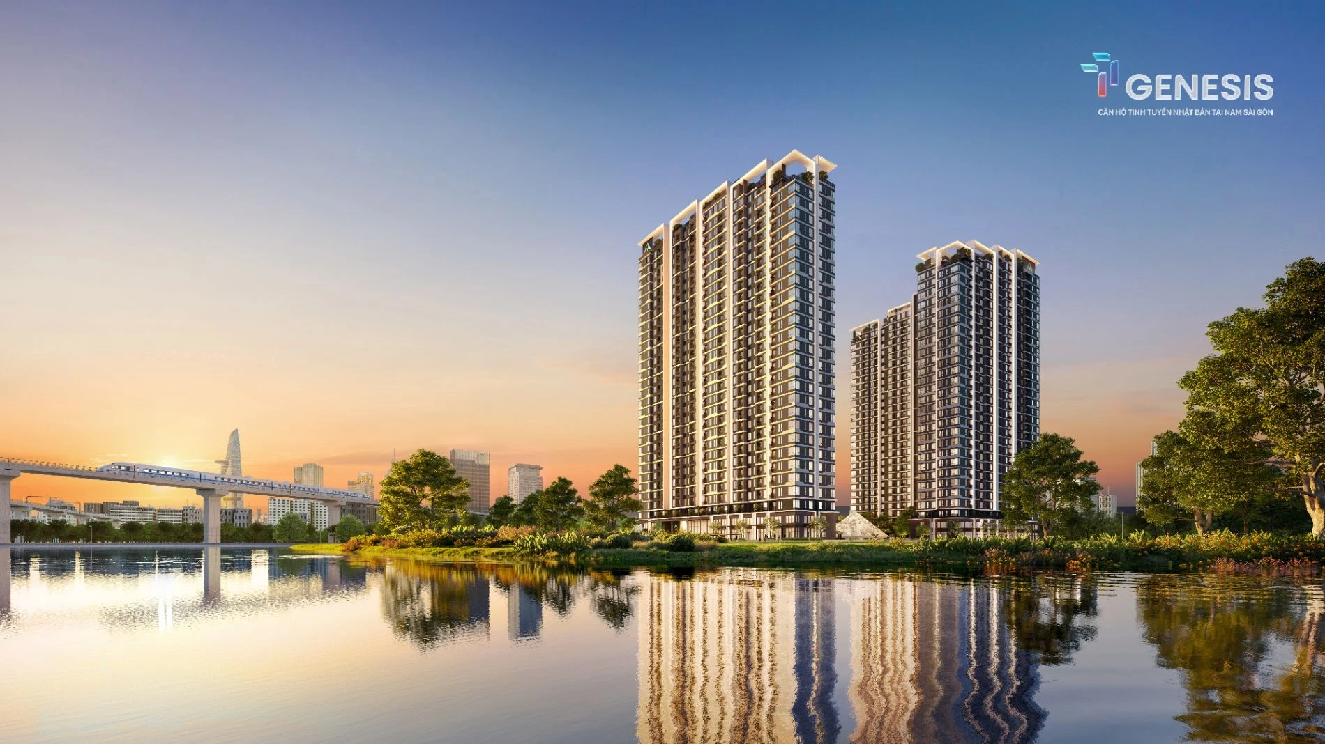 Phối cảnh hai tòa tháp căn hộ TT Genesis nằm ven sông trong ánh hoàng hôn