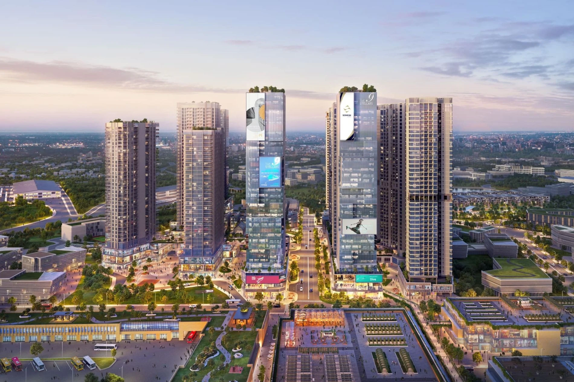 Phối cảnh tổng thể dự án The 9 Stellars liền kề nhà ga Metro số 1 và bến xe Miền Đông mới