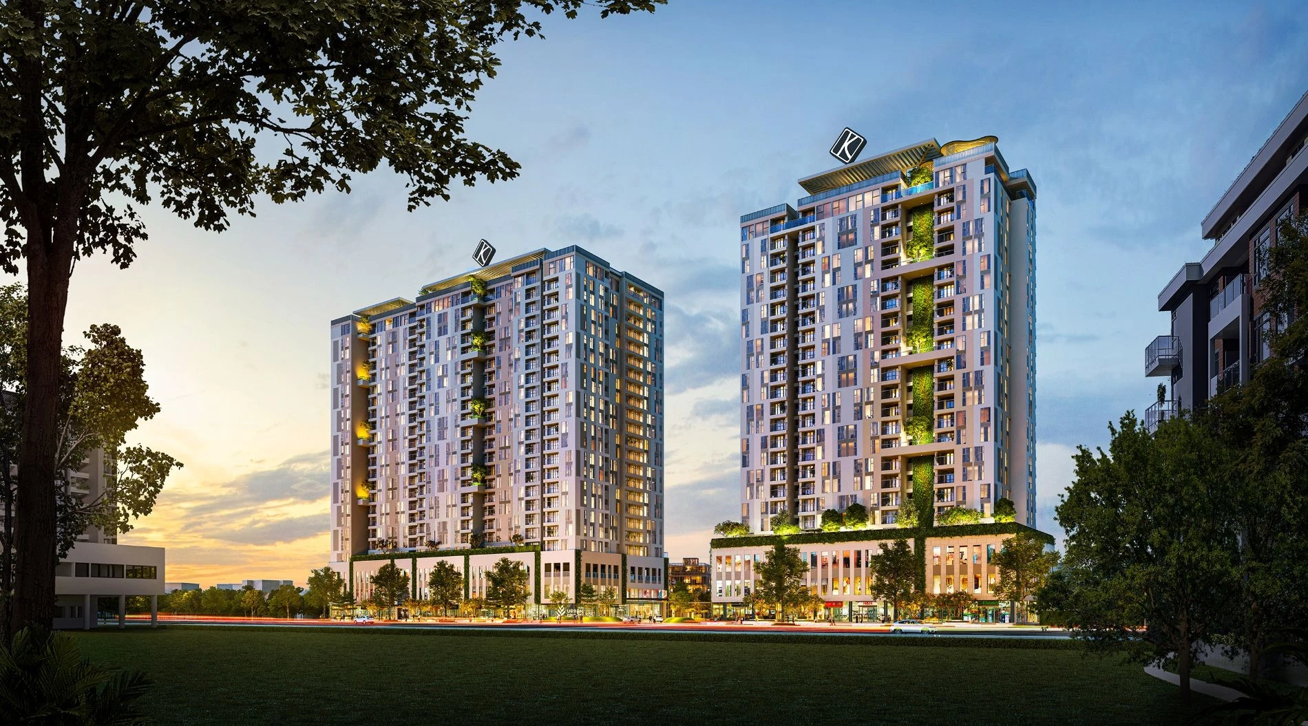 Phối cảnh kiến trúc hiện đại của hai tòa tháp The Bliss và The Aster tại dự án Urban Green Thủ Đức