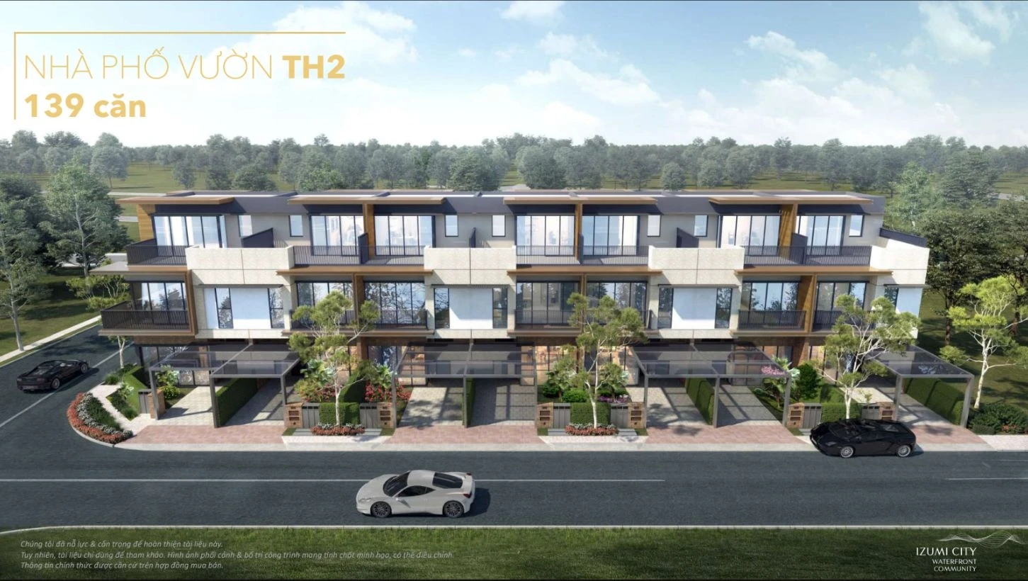 Phối cảnh tổng thể kiến trúc dãy nhà phố vườn TH2 tại Izumi City