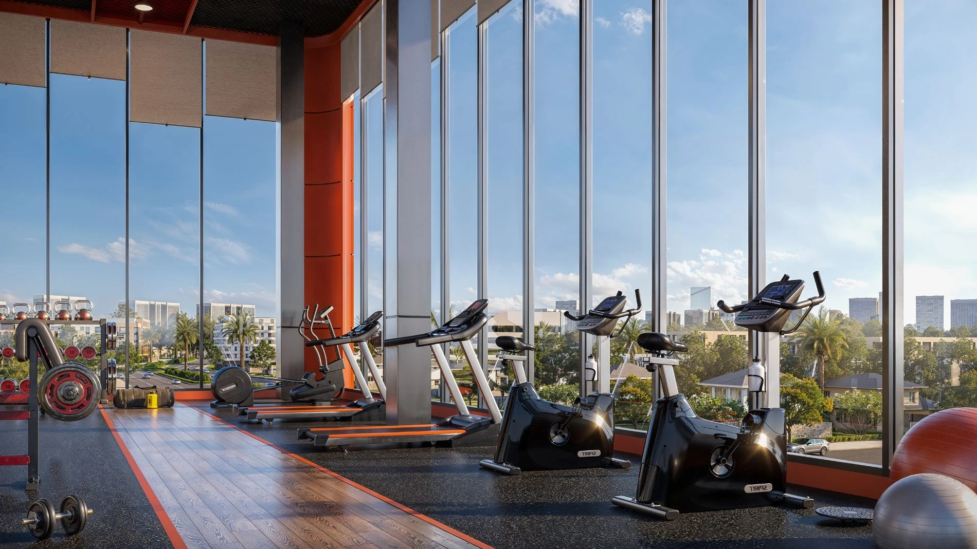 Phòng Gym hiện đại trang bị vách kính cường lực ngắm nhìn toàn cảnh thành phố
