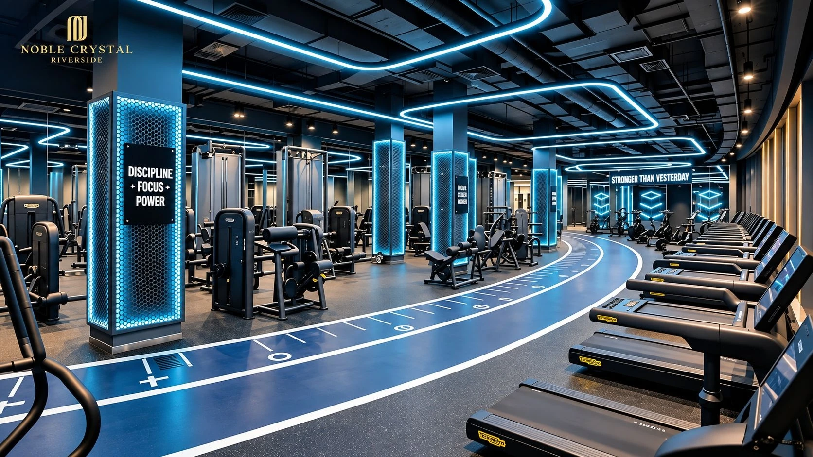 Phòng tập thể hình với dải đèn LED xanh dương và hàng loạt máy chạy bộ hiện đại