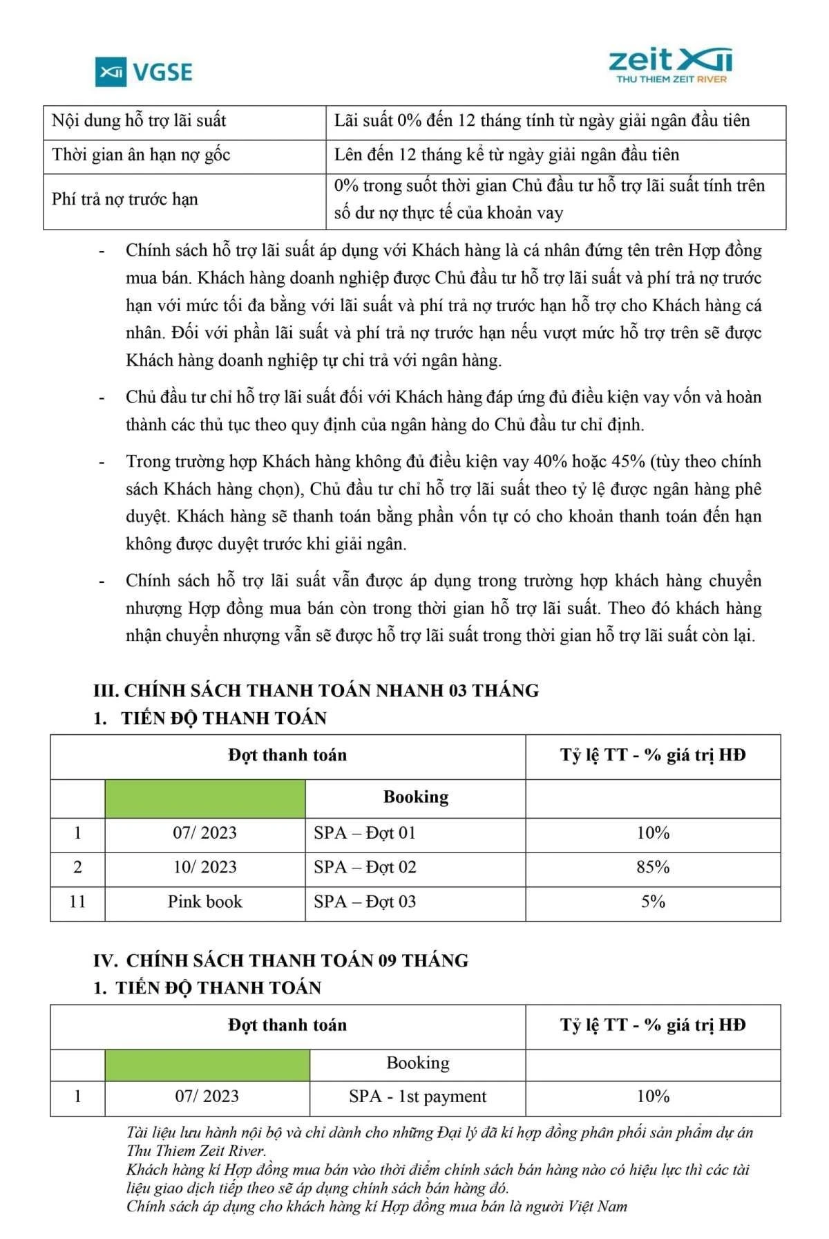 Các phương thức thanh toán nhanh 3 tháng và 9 tháng cùng điều kiện hỗ trợ lãi suất chi tiết của dự án Thủ Thiêm Zeit River.