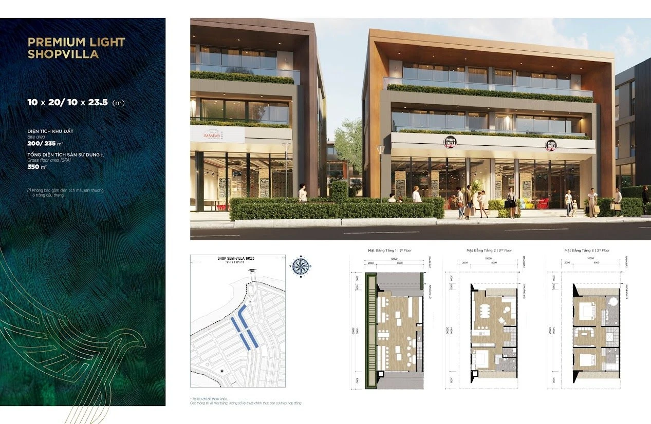 Bản vẽ layout và phối cảnh mặt tiền dòng sản phẩm Premium Light Shopvilla tại Aqua City