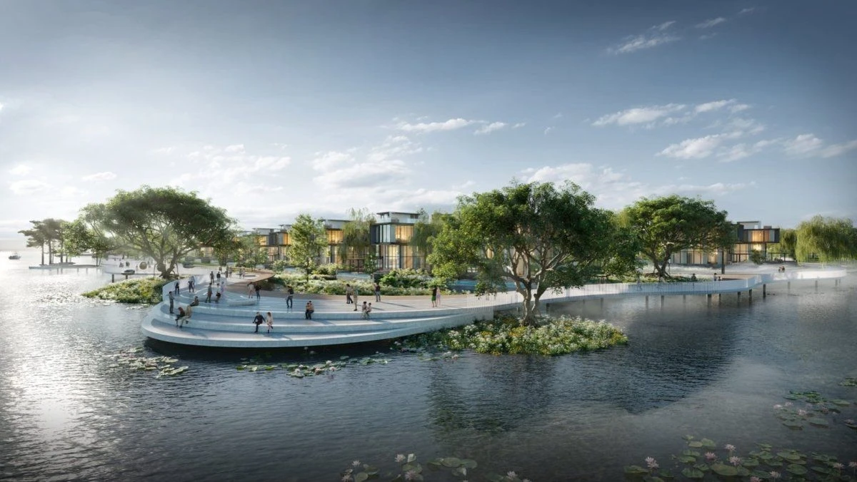 Thiết kế quảng trường bậc thang vươn ra mặt hồ tại Eco Village Saigon River