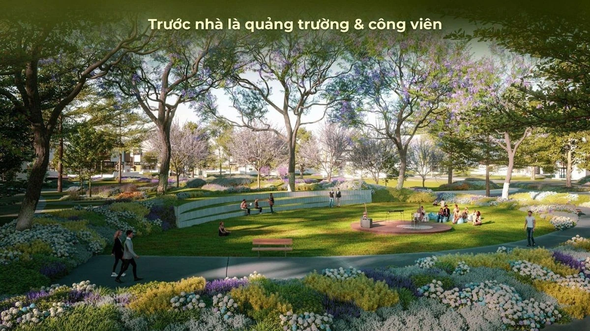 Khu vực quảng trường và công viên xanh mát trước thềm nhà tại Eco Village Saigon River
