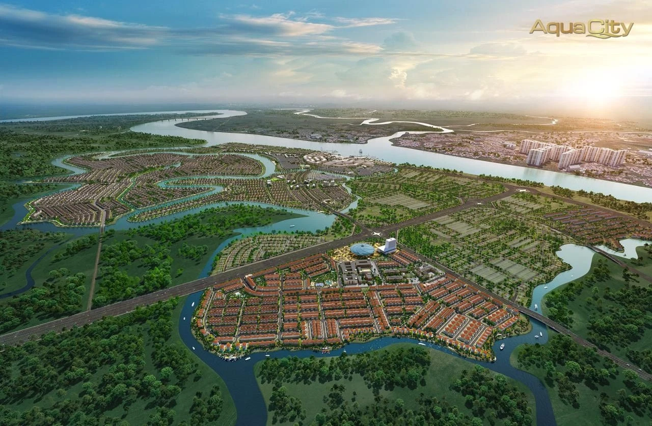 Phối cảnh quy hoạch tổng thể dự án Aqua City bao quanh bởi hệ thống sông Đồng Nai