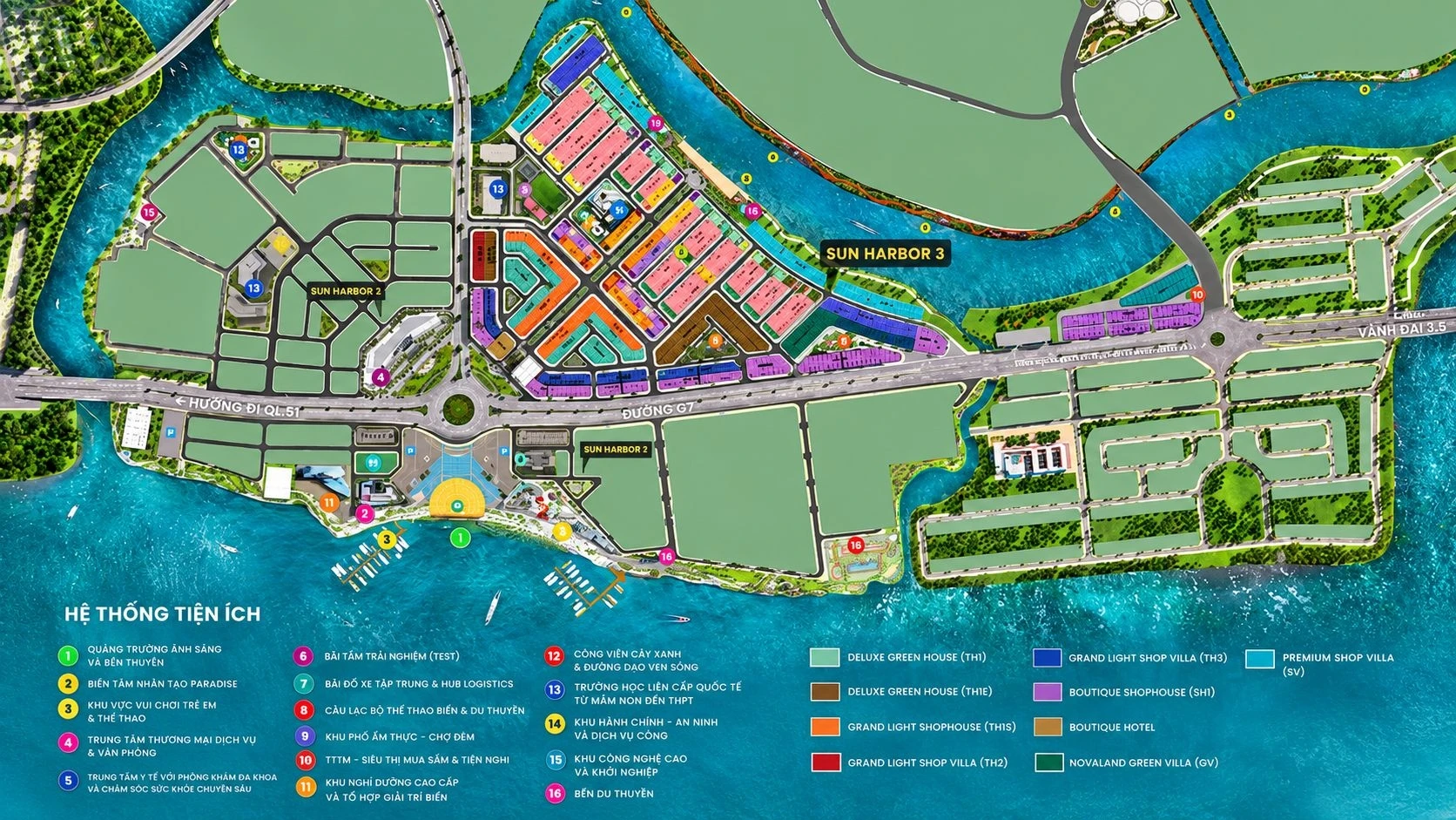 Sơ đồ bố trí hệ thống tiện ích nội khu tại phân khu Sun Harbor 3 The Elite 1 Aqua City