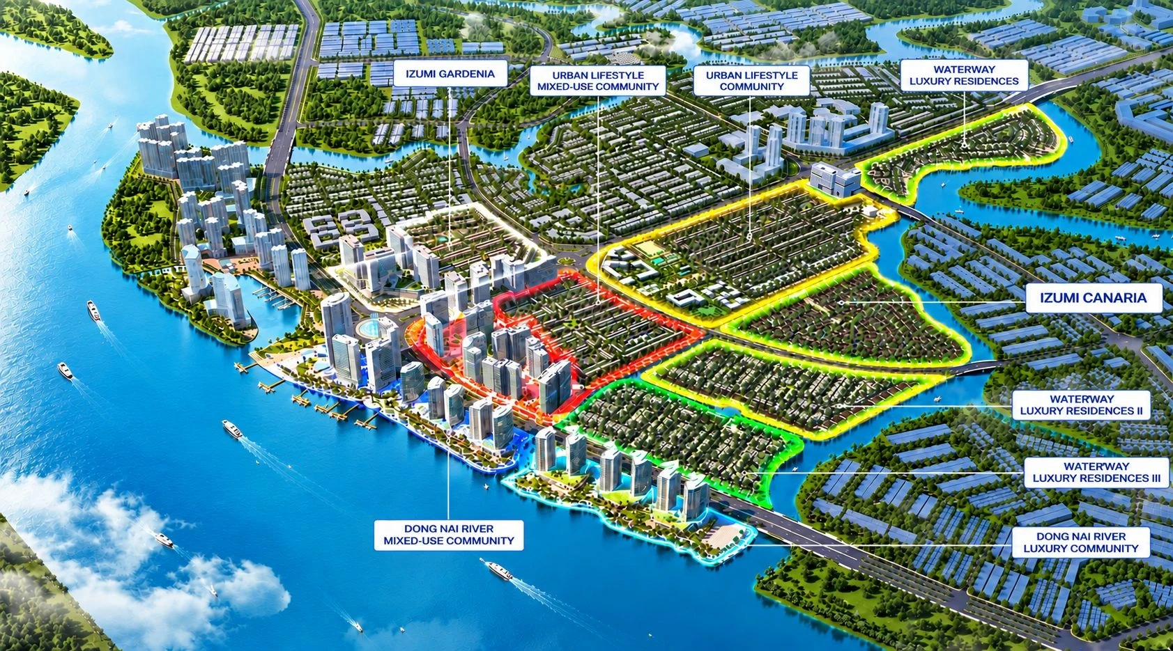 Mặt bằng tổng thể khu đô thị Izumi City Đồng Nai với các phân khu ôm trọn bờ sông Đồng Nai