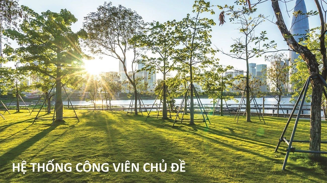 Ánh nắng ban mai chiếu rọi qua những tán cây tại công viên chủ đề Aqua City