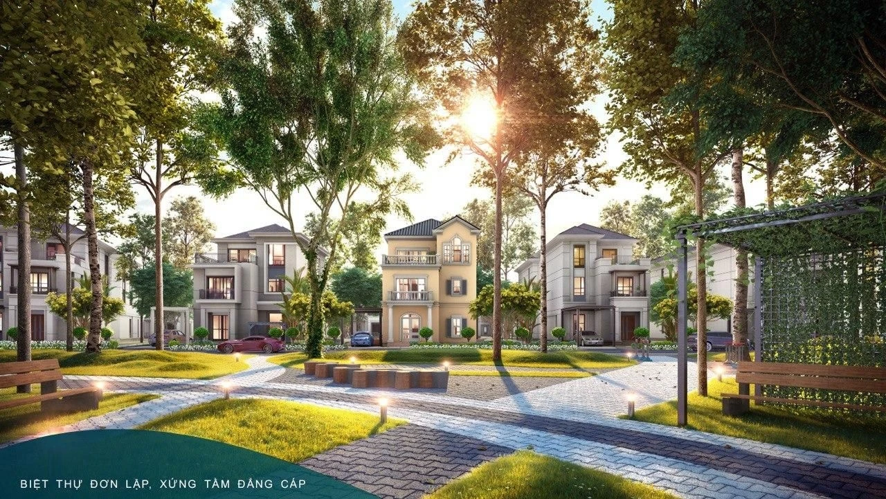 Khuôn viên công viên nội khu rợp bóng cây xanh phía trước các căn biệt thự đơn lập Ever Green 1